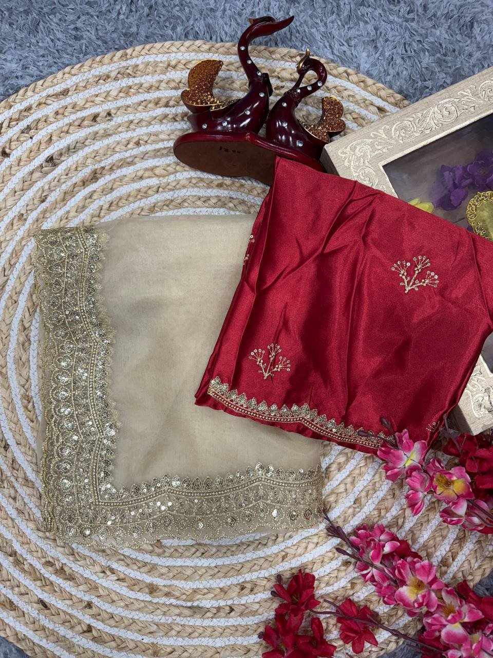 Luxurious Ivory Organza Dupatta with Heavy Golden Sequin & Zari Cutwork Border – Perfect for Weddings & Festive Layering - Image 3